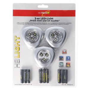 LED-Licht 3er-Set, Drück mich und ich leuchte, Mini LED-Leuchten, kabellos, inklusive Batterien