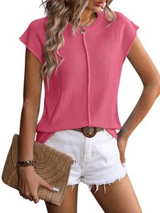 Damen Blusen O-Ausschnitt Pullover Sommershirt Lässig Kurzarm Rundhals Oberteile Rosa,Größe S