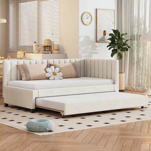 Flieks Polsterbett 90x200cm mit Lattenrost, Tagesbett Schlafsofa mit Ausziehbett, Einzelbett Gästebett Daybett Jugendbett Sofabett, Samt, Beige