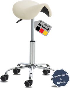 DELUKE® Sattelhocker mit Rollen VOULI | Höhenverstellbar, Drehbar | Kunstleder pflegeleicht | Rollhocker Arbeitshocker Praxishocker Arzthocker Bürohocker Drehhocker | Creme