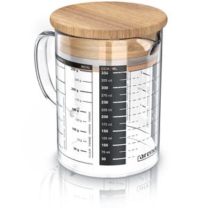 Arendo - 350ml Messbecher aus Glas - Messkrug Glas Krug – Borosilikatglas – präzise Skala – hitzebeständig – Mikrowellen geeignet – Glasbehälter mit Bambusdeckel - Silikondichtung