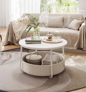 VASAGLE Couchtisch rund,  Wohnzimmertisch mit Korb aus Stoff, modern, Mattweiß