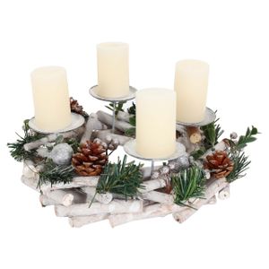 Adventskranz HWC-M12, Adventsgesteck Tischkranz Weihnachtsdeko Tischdeko Holz silber weiß Ø 30cm  mit Kerzen