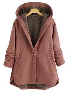 Frauen Plus Größe Samt Lange Ärmel Plaid Hooded Winter Vintage Asymmetrische Knopf Jacke