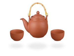 Tenno Teeservice / Teeset / Ton Teekanne mit Sieb 800ml und 2 Tassen je 130ml, handgefertigt
