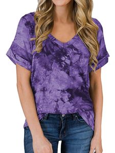 Damen V-Ausschnitt Top Kurzarm Casual T-Shirt Loose Top,Farbe: violett,Größe:S