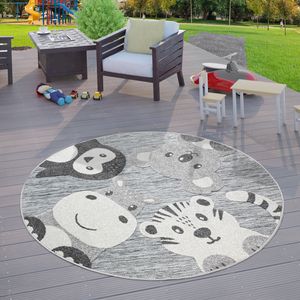 Kinderzimmer Kinder Outdoor Teppich Rund Spielteppich Tier Design Grau Größe Ø 120 cm Rund