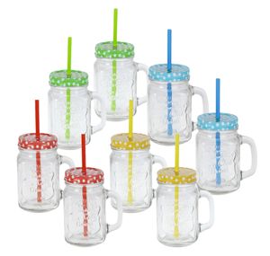 Trinkglas mit Deckel und Strohhalm - 8er Set / je 480 ml - Wasserglas Saftglas Henkelglas Vintage Retro