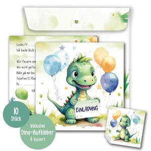 Dino Einladungskarten Kindergeburtstag Junge | XXL Dinosaurier Geburtstagseinladungen jungen 15 x 15 cm | 10er Set mit Umschlägen & Stickern | Einladungskarten Geburtstag