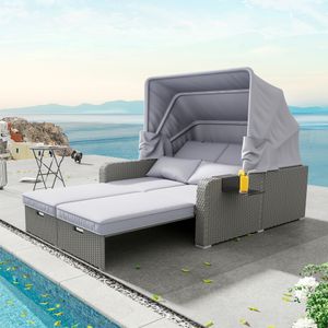 Merax Polyrattan Gartenmöbel Set mit Sonnendach und Gartenliege, Strandkorb verstellbar, Gartensofa Gartenlounge mit Kissen, Loungeset für 2 Personen