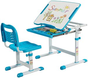 COSTWAY Detský písací stôl s nastaviteľnou výškou, detský písací stôl a stolička s naklápacou doskou a zásuvkou, multifunkčný detský písací stôl pre chlapcov a dievčatá (modrý)