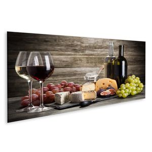 Bild auf Leinwand Wein Und Käse Stillleben  Wandbild Leinwandbild Wand Bilder Poster 120x40cm Panorama