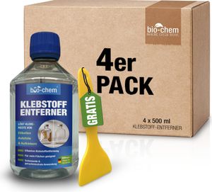 bio-chem Klebstoffentferner Etikettenlöser – 4x 500 ML – Extrem starker Entferner für hartnäckige Etiketten, Aufkleber & Klebereste - Etikettenentferner inkl. Schaber