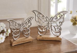 2x Schmetterling "Silber" aus Aluminium im Antik Look & Mango Holz, Frühlingsdeko, Dekofigur, Figurenset, Butterfly