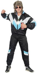 80er Jahre Trainingsanzug Kostüm für Herren - schwarz weiss babyblau, Größe:L