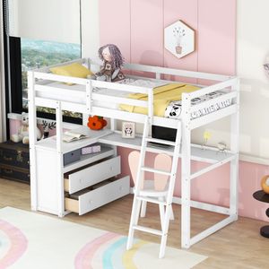 MODFU Etagenbett Kinderbett 90 x 200 cm Hochbett Bettgestell mit Schreibtisch und Schubladen (Ohne Matratze), Weiß