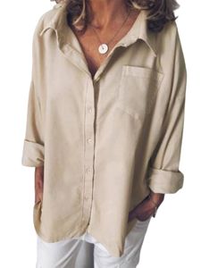 Damen Blusen Baumwolle Langarm Bluse Elegante Tops Casual Button Down Shirt Oberteile Khaki,Größe XL