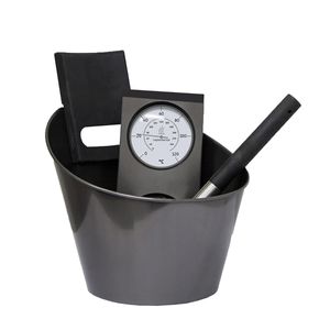 Harvia Black Steel Saunazubehörset mit Eimer und Schöpfkelle, Thermohygrometer aus Edelstahl Schwarz