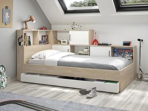 Bett mit Stauraum & Schublade - 90 x 200 cm - Naturfarben & Weiß - ARMAND