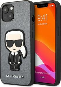 Karl Lagerfeld KLHCP13SOKPG hard silikonové pouzdro iPhone 13 Mini 5.4" silver Saffiano Ikonik Karl`s Patch