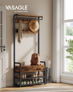 VASAGLE Garderobenständer mit Schuhbank, Garderobe, Schuhaufbewahrung, 2 Schubladen aus Stoff, 10 Haken, 6 seitliche Haken, 30 x 80,4 x 181,6 cm