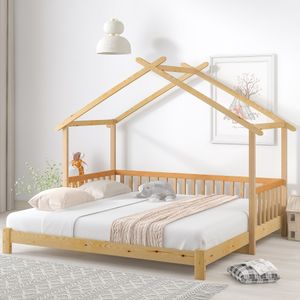 Merax Dětská postel 90x200cm/180x200cm Rozkládací postel s ochranou proti vypadnutí a tvarem střechy, dětský domeček z masivního dřeva, jednolůžko a dvoulůžko, přírodní barva