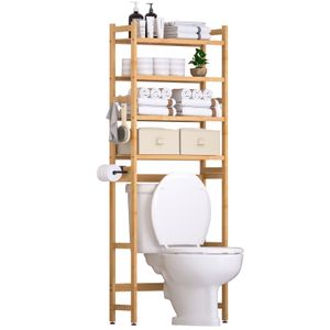 Yorbay Toilettenregal mit 2 Körben, Bambus WC Regal, 4-stöckiges Verstellbar Badregal mit Wasserdichtes Fußpolster, Multifunktional Badezimmerregal