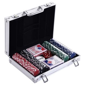 HOMCOM Pokerový kufřík Pokerová sada 200 žetonů 2 x balíček karet 5 x hrací kostka 1 x hliníkový kufřík 4 barvy 29,5 x 20,5 x 6,5 cm 11,5 g/plastový žeton