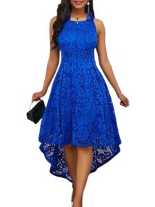 Damen Abendkleider Spitze Kleider Einfarbig Ballkleid Ärmellose Kleid Midikleid Blau,Größe 3XL