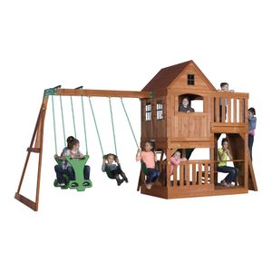 Backyard Discovery Spielturm Holz Hillcrest | XXL Spielhaus für Kinder mit Rutsche, Sandkasten, Schaukel, Kletterwand und Picknicktisch | Stelzenhaus für den Garten
