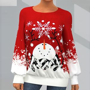 Damen Pullover Mit Rundhalsausschnitt Weihnachten Schneemann Print Pullover,Farbe:Rot 1,Größe:Xl