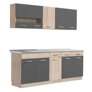 Homestyle4u 2357, Küche Modern Grau Eiche Küchenzeile ohne Geräte Einbauküche Singleküche 200 cm