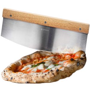 Profi Pizzaschneider Wiegemesser, Pizza-Messer Deluxe Kräuter-Schneider Cutter mit Holz-Griff & extrem scharfer 35 cm Edelstahl Klinge