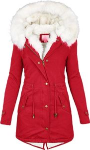 Winterjacke Damen Lang - Warmer Mantel mit Kapuze, Winterparka mit Reißverschluss, Slim-Fit Plüschjacke mit Kordelzug und Taschen, Rot, M