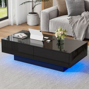 MODFU Couchtisch Wohnzimmertisch Hochglanz-LED für Wohnzimmer, Schlafzimmer, Beistelltisch mit 2 Schubladen, Schwarz