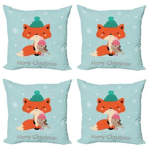 ABAKUHAUS Fuchs Kissenbezug Set (4 Stück), Frohe Weihnachten Vogel Tier, Moderner Doppelseitiger Digitaldruck, 45 cm x 45 cm, Pale Seafoam Multicolor