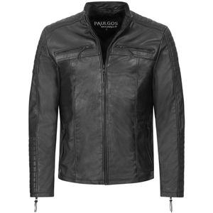 PAULGOS Herren Lederjacke Echtes Leder Jacke Echtleder Übergangsjacke Fashion in 5 Farben Gr. S-7XL Design 1, Farbe:Schwarz, Größe:XL