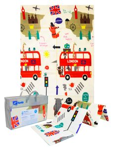 HUMBI Detská hracia podložka na plazenie XPE pena Obojstranná umývateľná podlahová podložka s taškou na prenášanie London Bus Street City