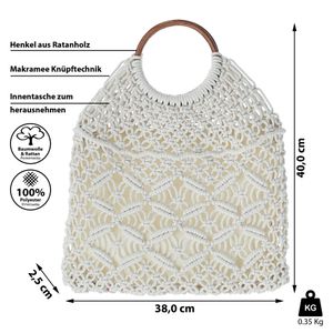 Makramee Tasche 38x40x2,5cm Häkeltasche Holzgriff herausnehmbare Innentasche Baumwolle Rattan Shopper