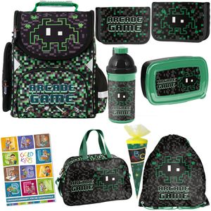 Schulranzen für Jungen und Mädchen, 8er-Set - Schul-Rucksack für Kinder mit Federmäppchen - Schuhbeutel und Hausaufgabenheft - Arcade Game Pixel Motiv