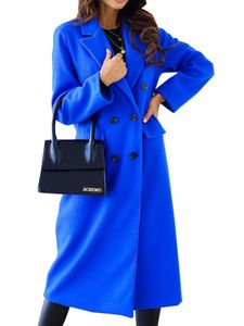 Ladies V Hals Coat Outdoor Outwear Wolle Doppeltreihige Jacke Trenchcoats Einfarbig, Farbe: Blau, Größe: L