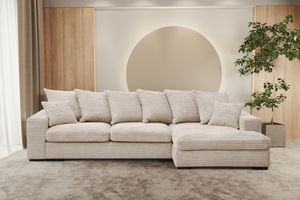 Ecksofa mit schlaffunktion und bettkasten, Sofa L-form, Couch L-form Gabon stoff Zoom Creme Ottomane Rechts