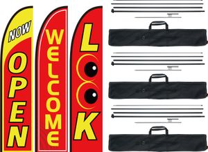 VEVOR Offene Flaggen mit Mastsatz, Werbeflaggen für Unternehmen im Außenbereich, Werbe-Federflaggensatz, 3 Flaggen (Open, Look, Welcome), 3 Masten, 3 Bodenpfähle, Swooper-Flaggen für 5 m