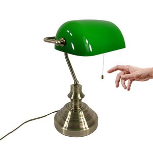 Tischleuchte Bankerslamp mit Zugschalter E27 antik messing Schirm grün Arbeits-Nachttisch