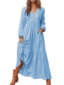 Damenknopfkleid aus Baumwolle und Leinen, lässig, langärmelig, großes Swing-Kleid,Farbe: Hellblau,Größe:L