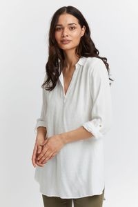 fransa FRCOYA TU Damen Tunika Langarmshirt Langarmbluse 3/4 Arm Bluse Hemdbluse mit Stehkragen und V-Auschnitt langer Schnitt Loose Fit 100% Viskose LENZING(TM) ECOVERO(TM)