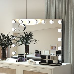 Puluomis Kosmetikspiegel Hollywood, Schminkspiegel mit Beleuchtung, 58x45cm 15 LED 3 Farben Dimmbar mit USB,10 fach Vergrößen, Wandspiegel schwarz