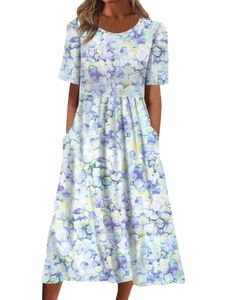 Sommerkleid Damen Midikleid Blumendruck Lang Kleid Rüschen Loses A-Linie Strandkleid Lila-blau,Größe:2xl