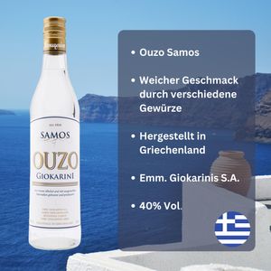 Ouzo Samos | 6x 0,7l | 40% Vol.| Aus Griechenland | Mildes Aroma | Geschmackvoll | +20ml Jassas Olivenöl