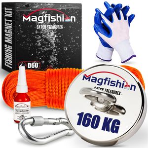 Magfishion - Fisch Magnet Set - 160 KG - Starker Magnet -  Inkl. Handschuhe, Karabiner, Seil (20 m) + Schraubensicherung – Angelmagnet Set zum Magnet Fischen - Ø60mm